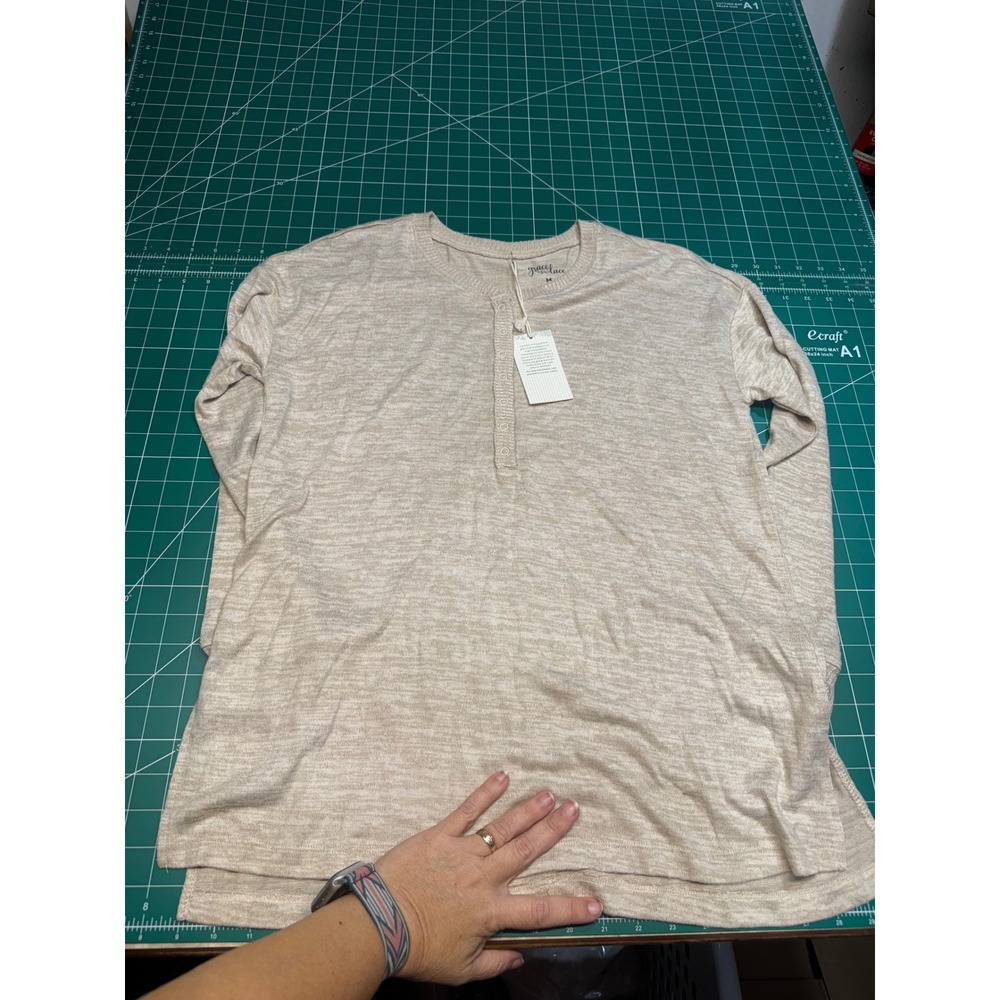 Grace & Lace Womens Oatmeal Beige Long Sleeve Henley Knit Top M New